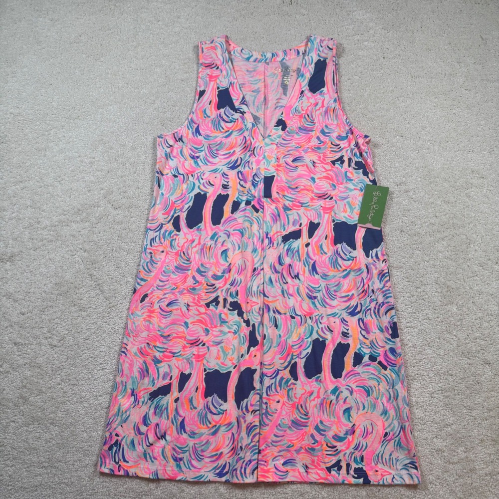 Lilly Pulitzer Amina Dress Womens Medium Pelican Pink Flamingo Head In The Sand - Picture 2 of 10